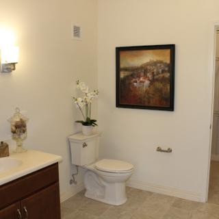 A well-designed bathroom featuring modern fixtures and decorative wall art.