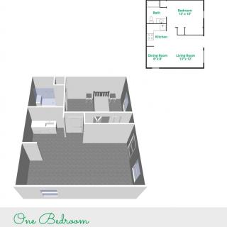 3D floor plan of a one-bedroom apartment.