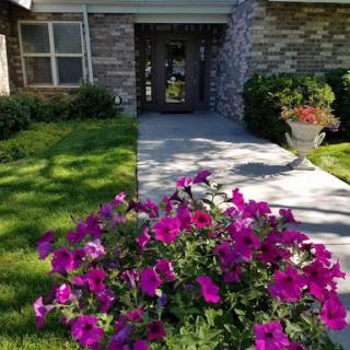 A vibrant display of purple flowers in the front yard, leading up to a welcoming entrance.