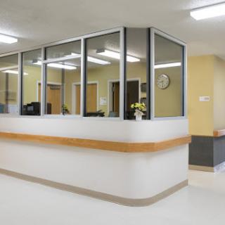 A modern reception area in a medical facility.