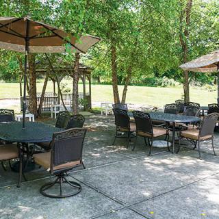 Outdoor patio area with tables, chairs, and umbrellas surrounded by lush greenery.