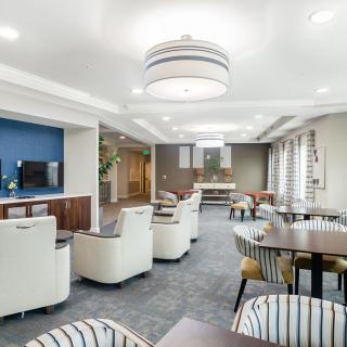 A modern lounge area with comfortable seating and stylish decor.