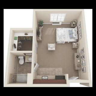 An overhead view of a studio apartment floor plan featuring a bedroom, bathroom, and kitchen area.