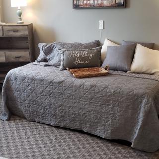 A cozy bedroom with a daybed adorned with gray bedding and pillows, complemented by a patterned rug and wooden bedside furniture.