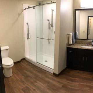 Modern bathroom with a glass shower and wood flooring.
