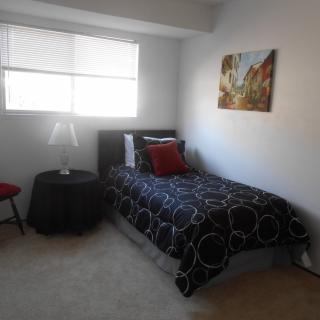 A small bedroom with a single bed, featuring decorative pillows and artwork on the wall.