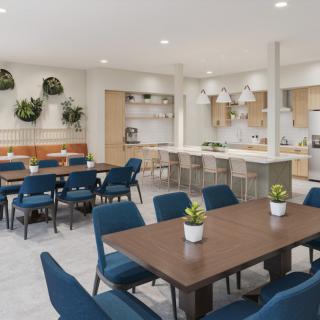 A modern dining and kitchen area with blue chairs, a large table, and indoor plants for decoration.