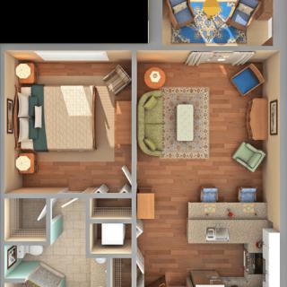 A 3D floor plan of a one-bedroom apartment featuring a living room, kitchen, and bathroom.