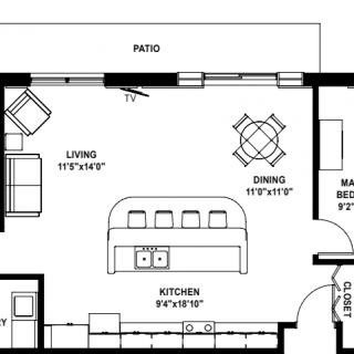 A detailed floor plan showing the layout of a living and dining area with a kitchen.