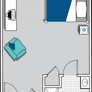 A floor plan illustrating the layout of a bedroom with furniture placement.