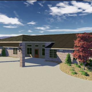 A 3D rendering of a single-story building with surrounding landscape elements under a clear blue sky.