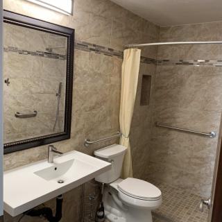 A modern bathroom with a sink, mirror, toilet, and shower area.