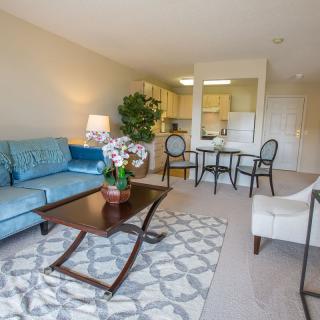 A cozy living room with a blue sofa, coffee table, and dining area in the background.