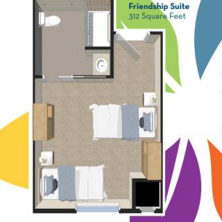 Floor plan of a Friendship Suite showing furniture arrangement and room dimensions.