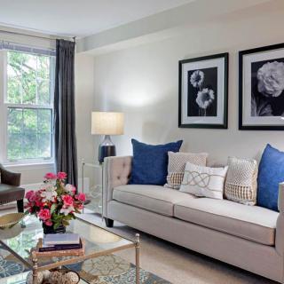 A cozy living room featuring a light sofa with blue and decorative cushions, complemented by framed artwork on the wall.