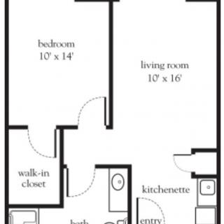 Simple apartment floor plan with one bedroom, living room, walk-in closet, bathroom, and kitchenette.