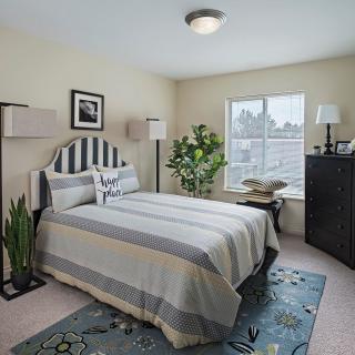 A cozy bedroom with a striped bedspread and decorative plants.