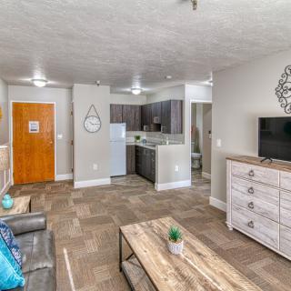 A modern apartment with an open floor plan, featuring a cozy living room and adjacent kitchen.