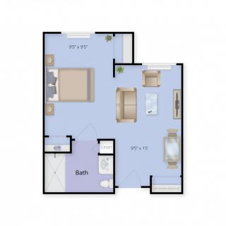 A floor plan layout showing a one-bedroom apartment with a living room, kitchen, and bathroom.