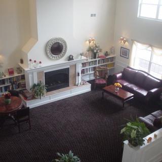 A cozy living room with a fireplace, surrounded by bookshelves, a sofa set, and indoor plants.