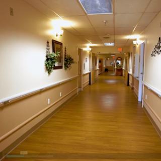 A well-lit interior hallway with wooden flooring and decorative elements on the walls.