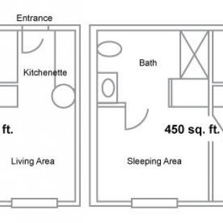 Floor plan of a studio apartment with living and sleeping areas, kitchenette, and bathroom.