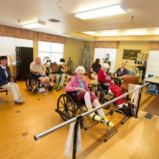 A group of elderly individuals participating in a physical therapy session at a rehabilitation center.