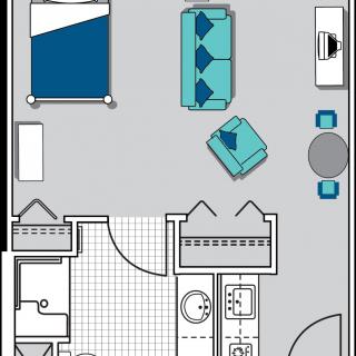 A floor plan showcasing a studio apartment with designated spaces for a bed, living area, kitchen, and bathroom.