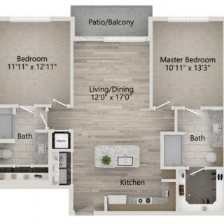 A detailed floor plan of a two-bedroom apartment featuring a living/dining area, kitchen, two bathrooms, and a patio/balcony.