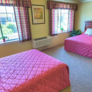 A cozy hotel room with twin beds and pink bedspreads, featuring large windows with checkered curtains.