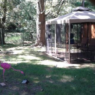 A backyard view with a gazebo and lawn decorations.