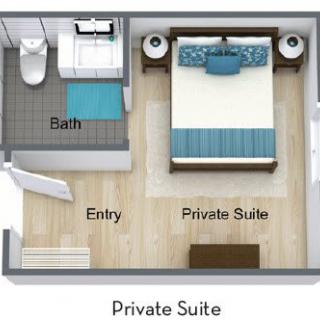 A floor plan of a private suite with an entryway, bathroom, and bedroom.