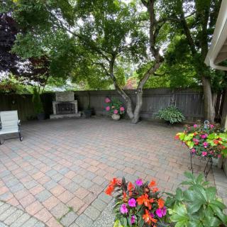 A peaceful patio garden with vibrant flowers and lush greenery.