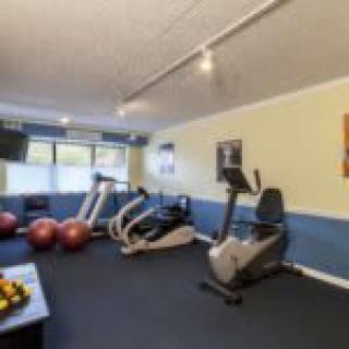 A small gym featuring exercise equipment such as a treadmill, stationary bike, and yoga balls.