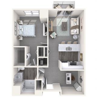 A detailed floor plan of a one-bedroom apartment with a living room, kitchen, and bathroom.