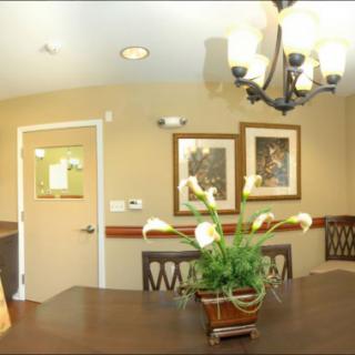 A cozy dining room with a table, chairs, chandelier, and decorative plants.