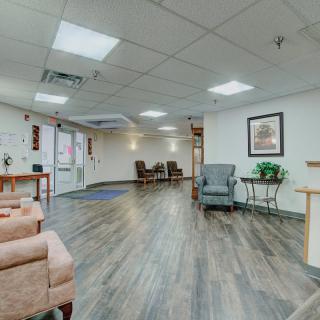 A modern lobby with comfortable seating and tasteful decor.