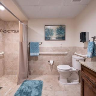 An accessible bathroom with a shower, toilet, and sink, featuring grab bars and blue towels.