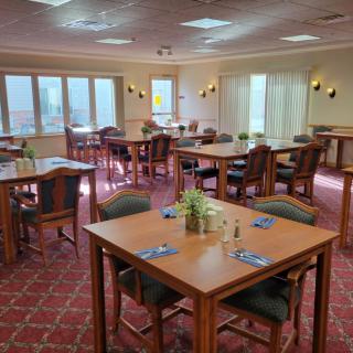 A spacious dining area with neatly arranged tables and chairs, decorated with small plants.