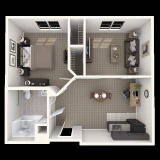 A 3D floor plan of a small apartment featuring a living room, kitchen, bathroom, and bedroom.