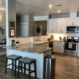 A modern kitchen with sleek countertops and barstools, featuring a stylish open layout and contemporary appliances.