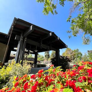 A serene view of a structure surrounded by vibrant flowers under a clear blue sky.