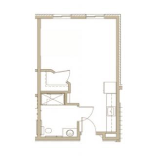 A compact floor plan of a studio apartment with designated areas for essential living spaces.