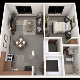 A 3D rendered floor plan of a one-bedroom apartment featuring a living room, kitchen, bedroom, and bathroom.