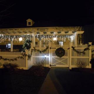 A beautifully decorated house illuminated with holiday lights, creating a festive atmosphere at night.