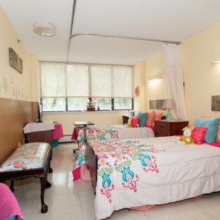A colorful, well-decorated bedroom with twin beds and ample natural light.