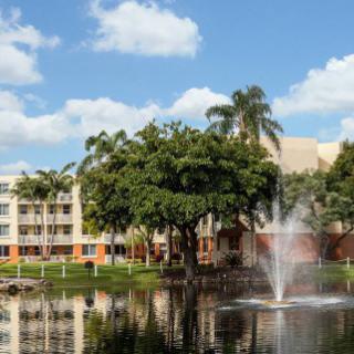 A peaceful scene with a fountain in a lake, surrounded by trees and buildings.