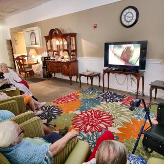 A group of seniors watching television in a cozy living room setting.