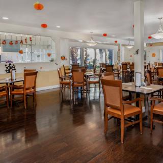 A well-lit dining area with neatly arranged tables and chairs, featuring warm decor and modern lighting.