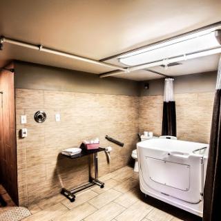A spacious and modern bathroom featuring a walk-in bathtub, toilet, and stylish tile work.